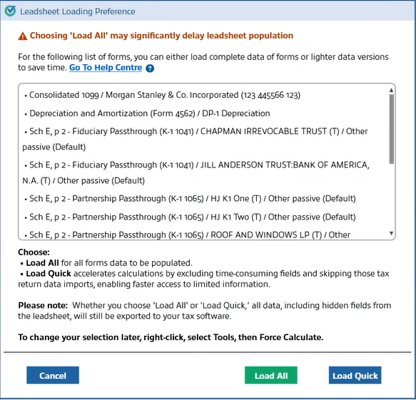 SPbinder pop-up modal showing a list of documents that can be excluded to decrease the load time.