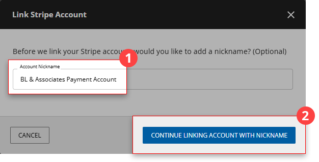 Link Stripe Account window.