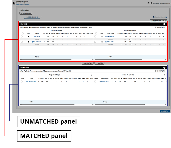 Matched and Unmatched panels