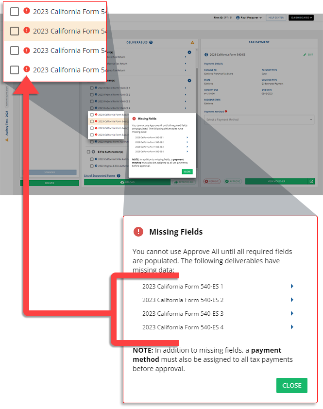 Missing fields icon for applicable deliverables.