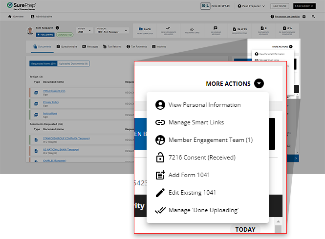 MORE ACTIONS menu in the client profile.