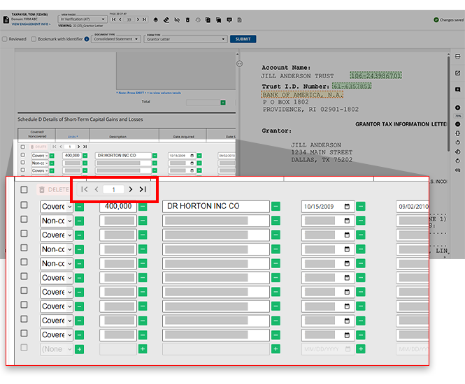 Navigation bar for capital gain and loss transactions