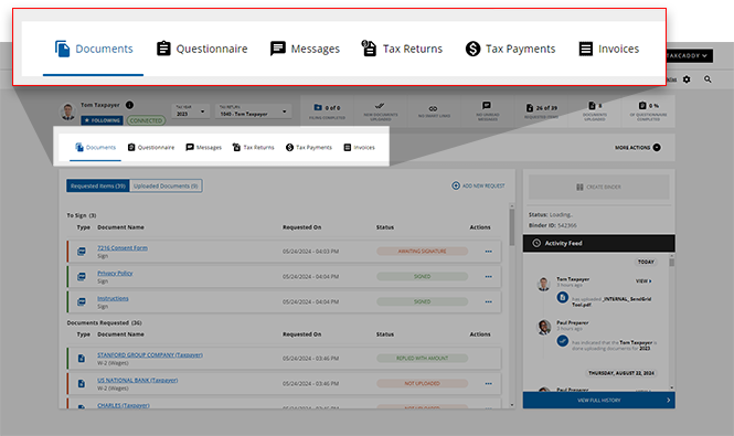 Navigation bar in the client profile.