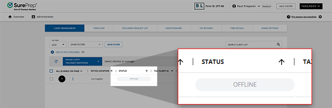 OFFLINE status in CLIENT MANAGEMENT.