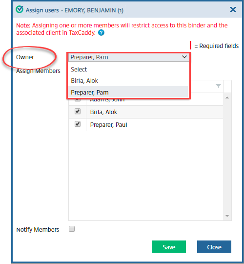 Select from the Owner dropdown menu