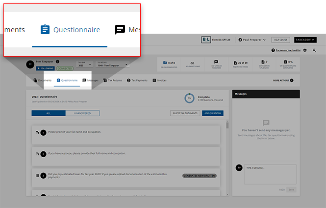 Select the Questionnaire tab