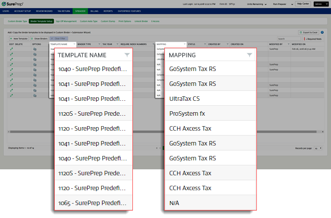TEMPLATE NAME and MAPPING columns in FileRoom.