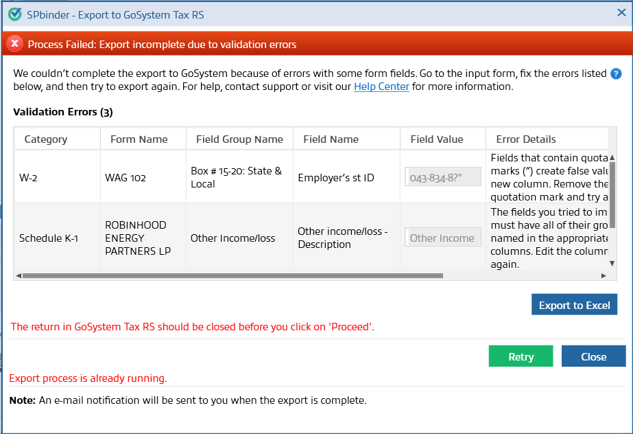 Error notification. When encountered, correct the values and try again