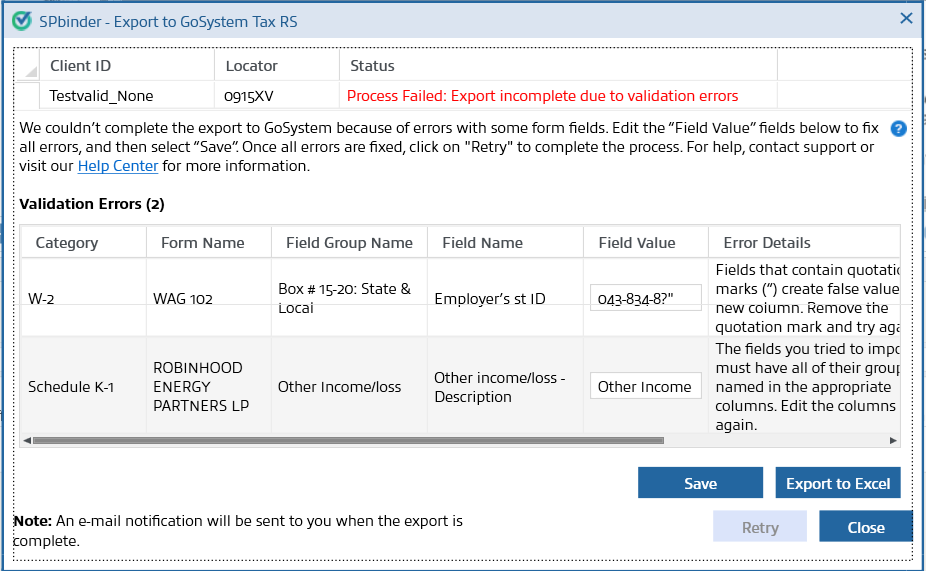 Try exporting again after correcting values