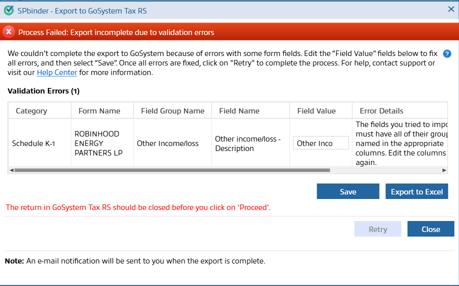 Error notification. Select Retry after making corrections