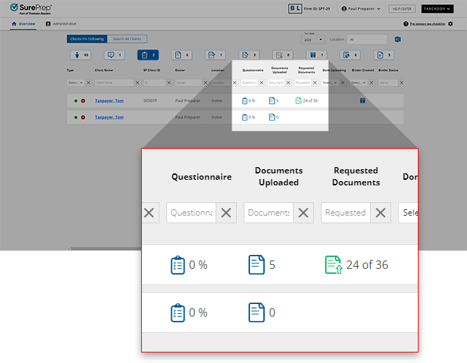 Questionnaire column in the Overview screen.