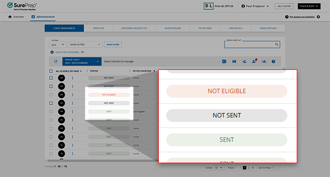 NOT ELIGIBLE, NOT SENT, and SENT statuses a client may have when sending questionnaires.
