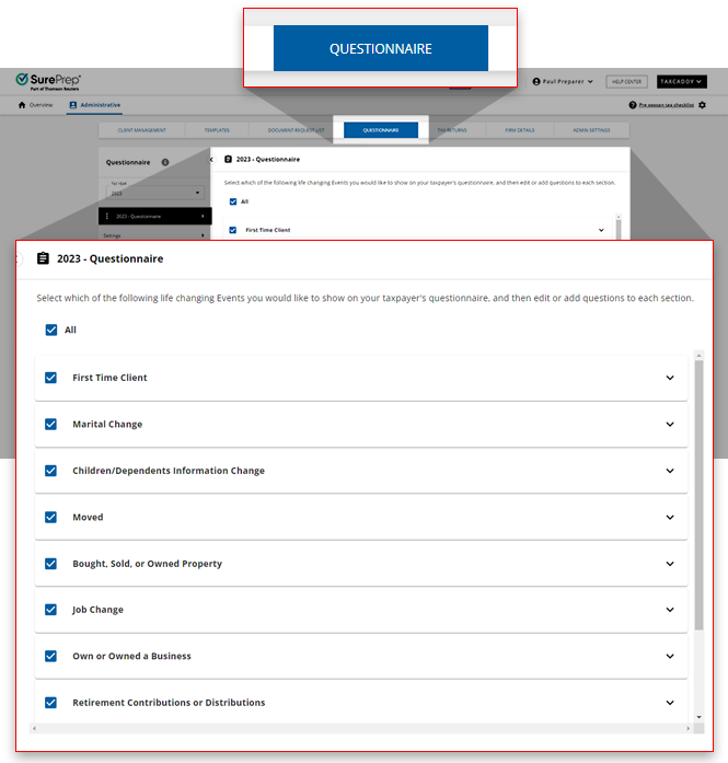 QUESTIONNAIRE tab in the Administrative navigation bar.