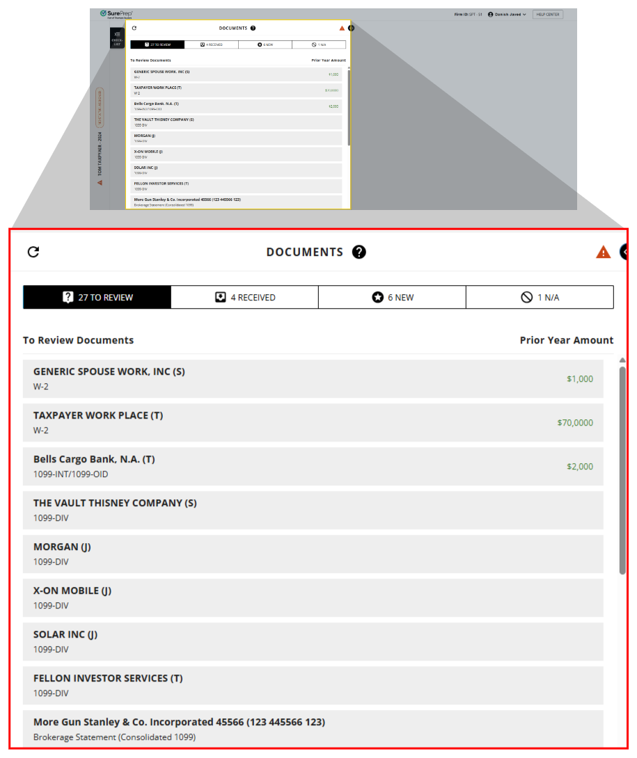 Documents checklist with different categories and list of documents that need to be reviewed or are missing