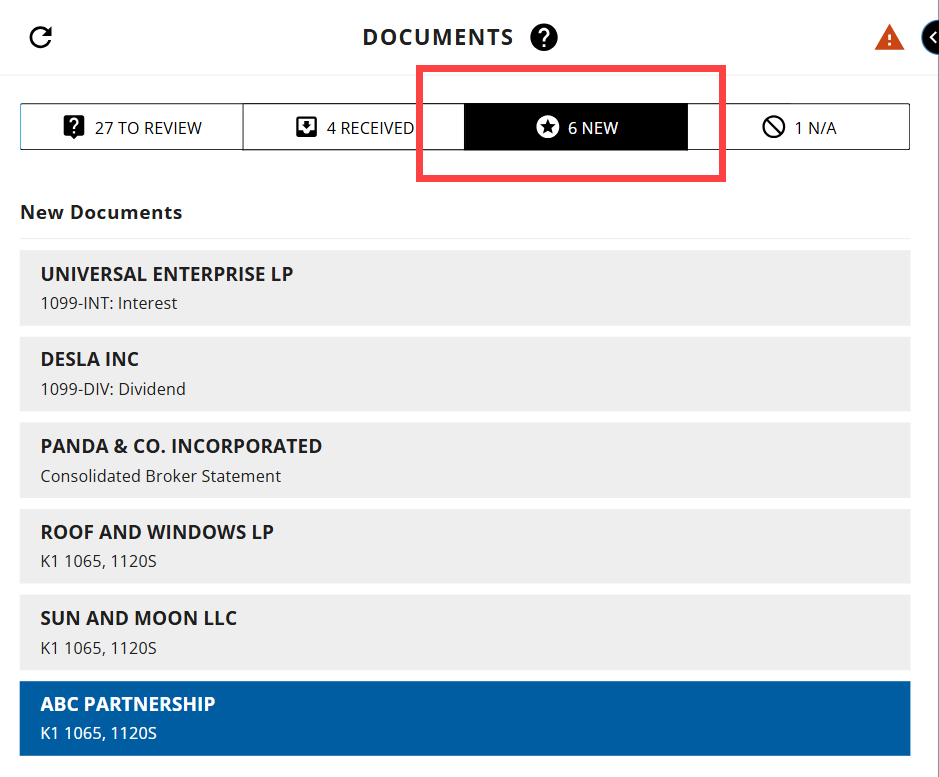 Tab shows new documents submitted.