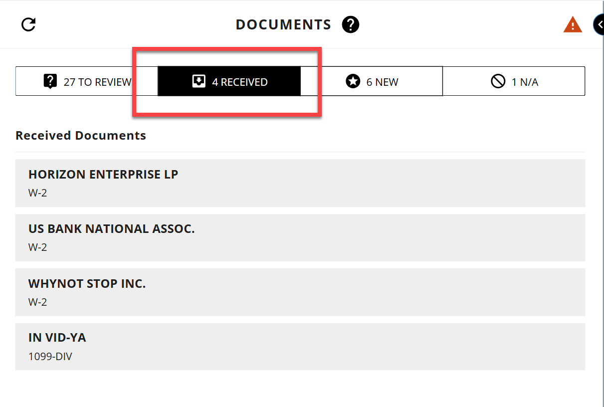 Tab to show documents received