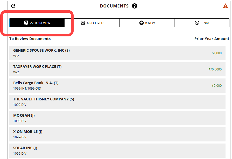 To Review tab showing a list of documents that are missing
