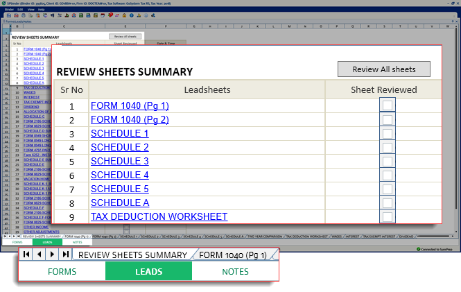 REVIEW SHEETS SUMMARY in the LEADS tab.