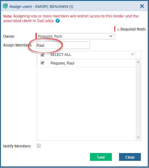 Search for an assigned member to add