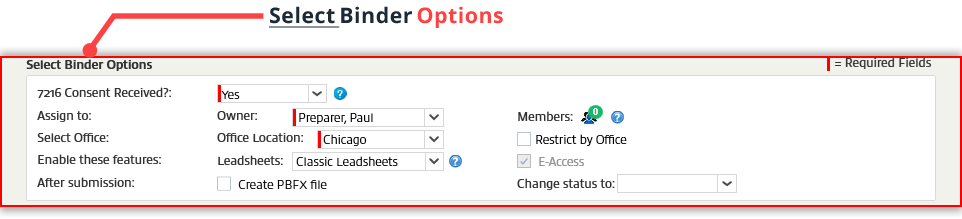 Select Binder Options section.