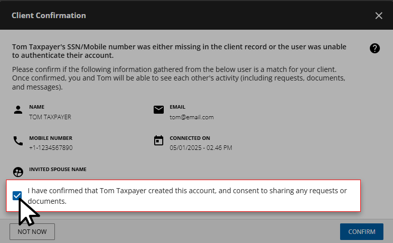 Select the checkbox to indicate that you have confirmed this client.