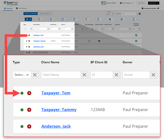 Client profiles appearing in the Overview screen.