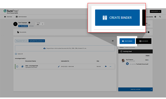 Select CREATE BINDER in client profile.