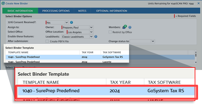 Select tax year template