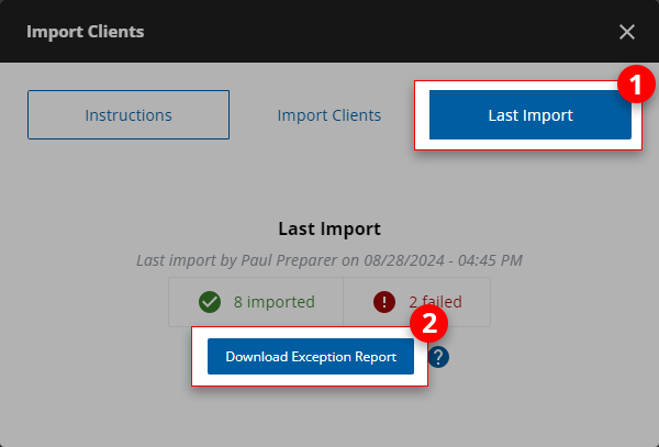 Select Last Import, then Download Exception Report.