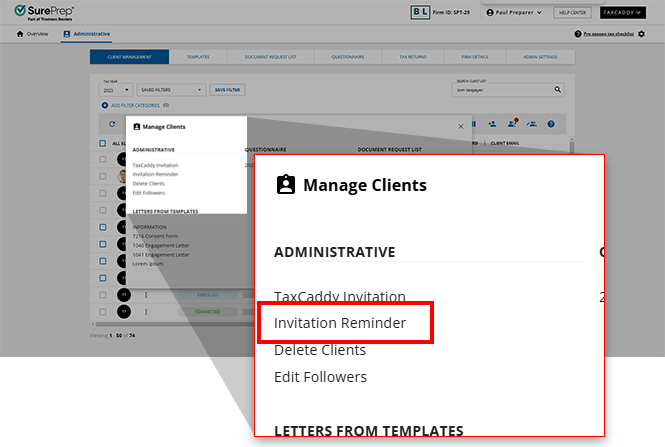Select Invitation Reminder from the Manage Clients menu.