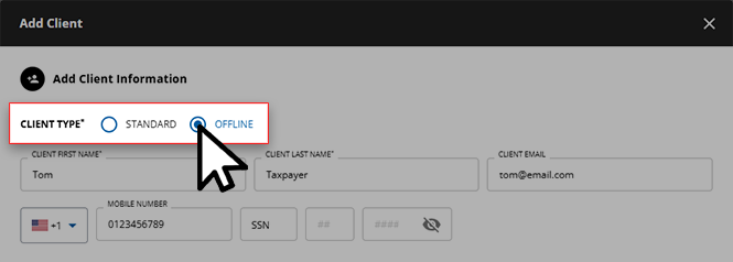 Select the OFFLINE client type.