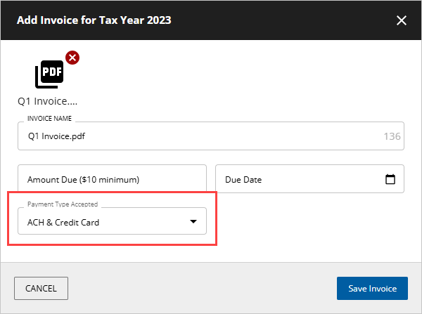 Select the Payment Type Accepted.
