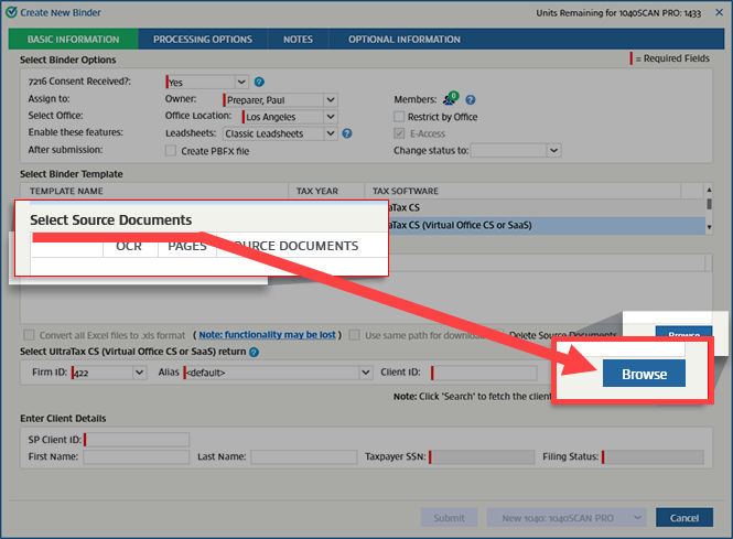 Browse Select Source Documents section
