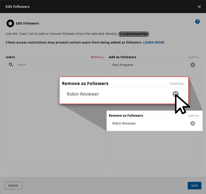 Select the X icon to remove a listed user.