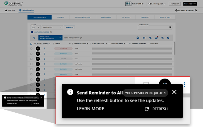 Notification that the invitation reminder will be sent to all selected clients.