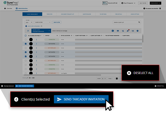 Select SEND TAXCADDY INVITATION to the selected clients.