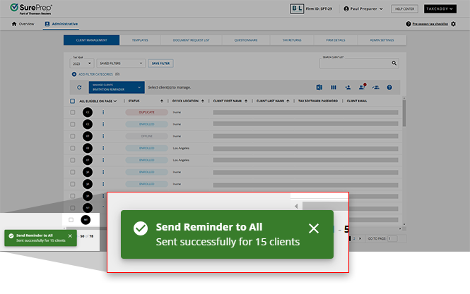 Notification that the invitation reminder has been successfully sent to all selected clients.