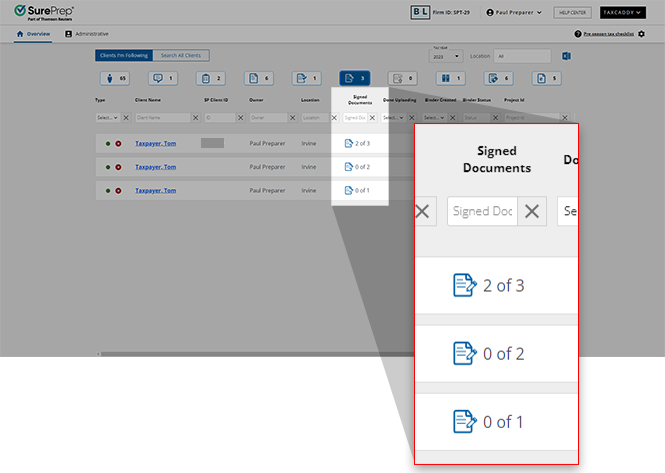 Signed Documents column in the Overview screen.