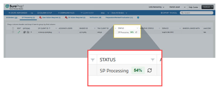 SP Processing status in FileRoom showing percentage completed next to the status, along with the refresh icon