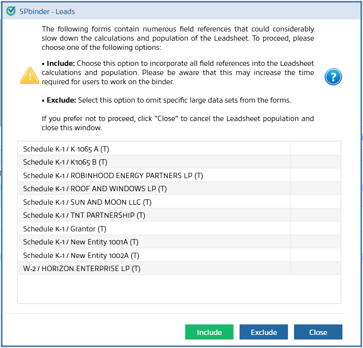 SPbinder pop-up modal showing a list of documents that can be excluded to decrease the load time.