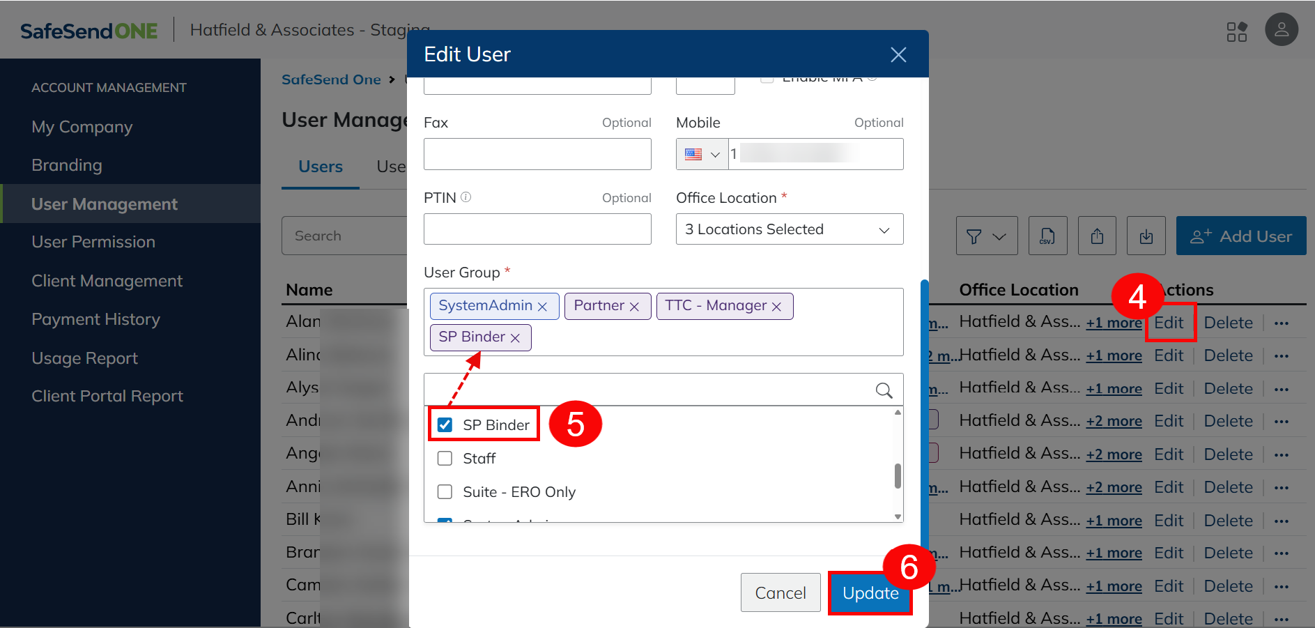 Edit User modal shows the checkbox SPbinder checkbox selected. SPbinder is the name of the group that was given permissions in previous steps. 