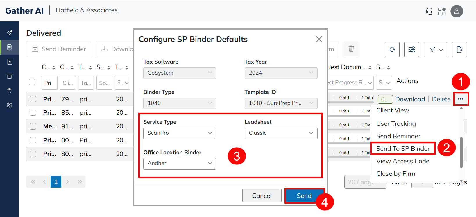 Gather AI user menu showing Send to SPbinder as an option