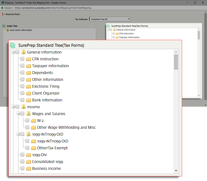SurePrep Standard Tree window.