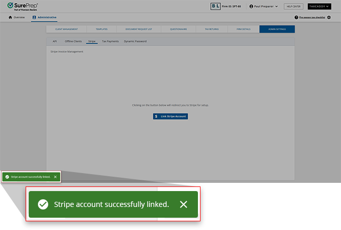 Notification stating that the Stripe account was successfully linked.