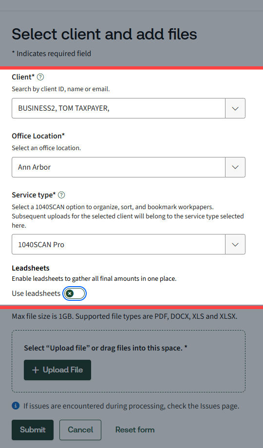document upload form fields like client ID, office location
