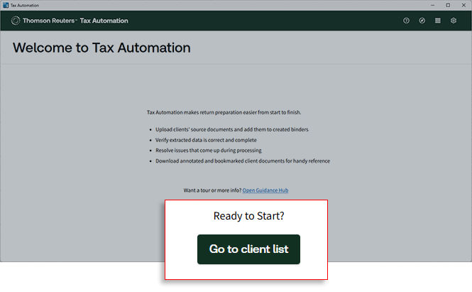 Tax Automation Welcome window with the Go to client list button highlighted
