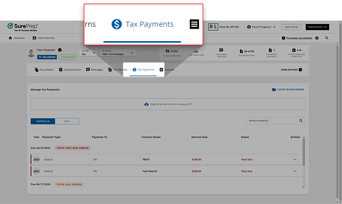 Tax Payments tab in a client profile.