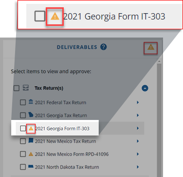Attention icon appearing next to a tax return.