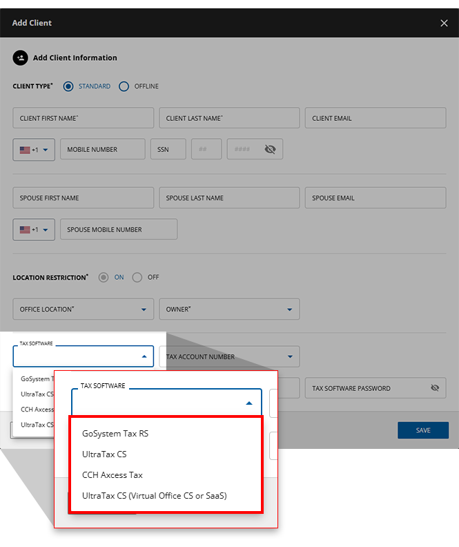 Select a tax software from the TAX SOFTWARE dropdown when adding a client