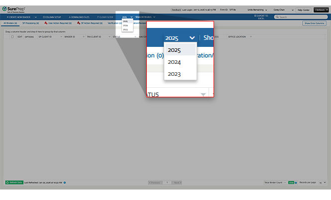 Select a tax year in FileRoom